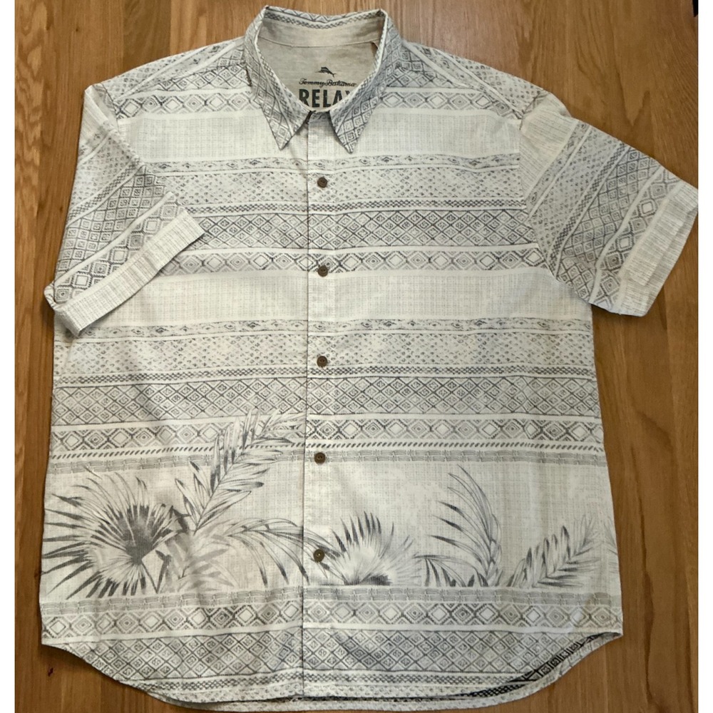 Tommy Bahama Relax Men's Shirt XXL Tencel Cotton Black Tribal Palm Print